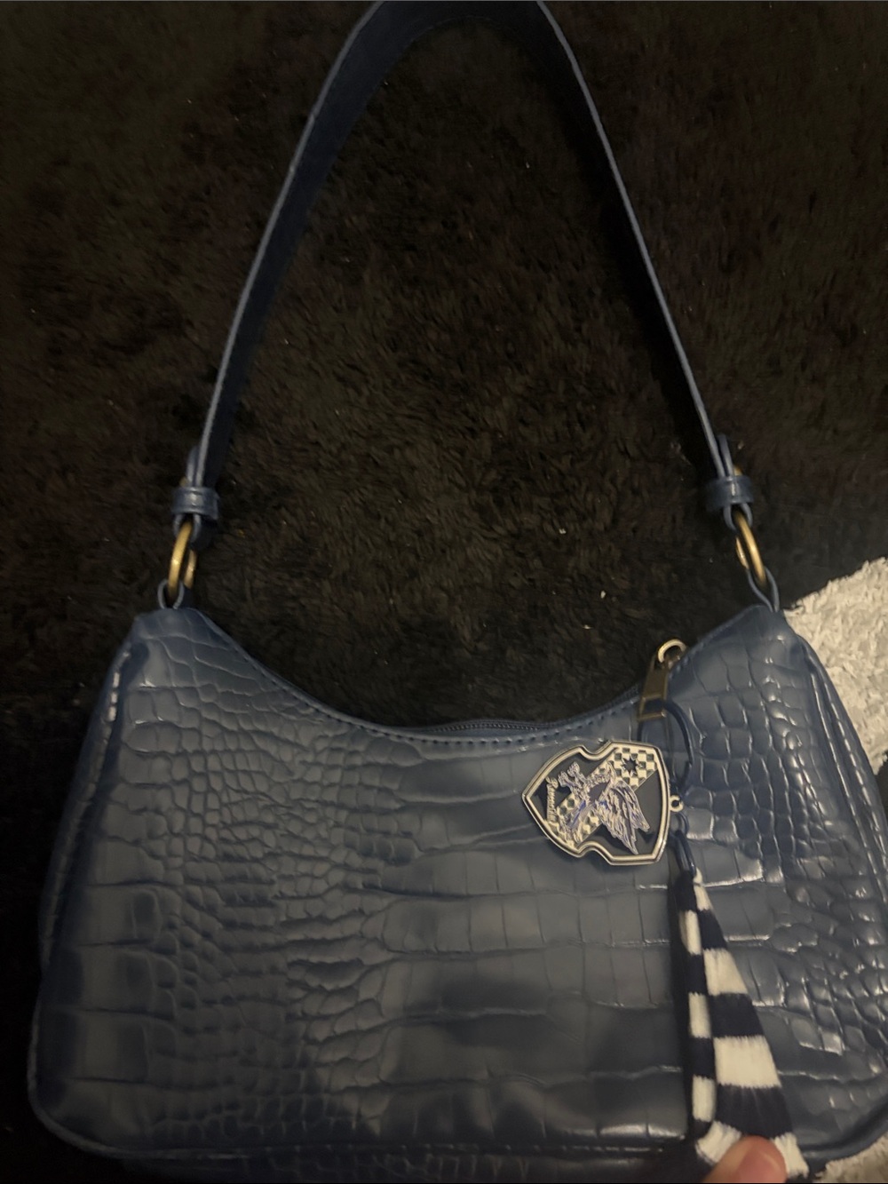 Women's Croc-Embossed Navy Shoulder Bag with Ravenclaw Charm included